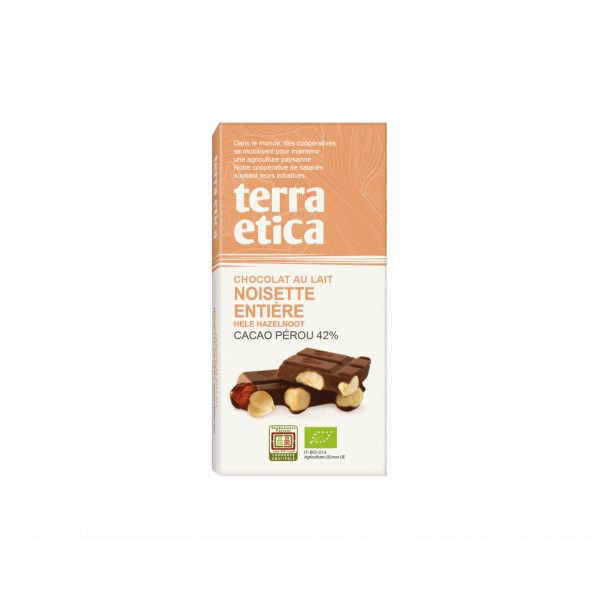 Chocolat au lait Bio Amandes entières et céréales cacao du Pérou 42% Terra Etica 100g 