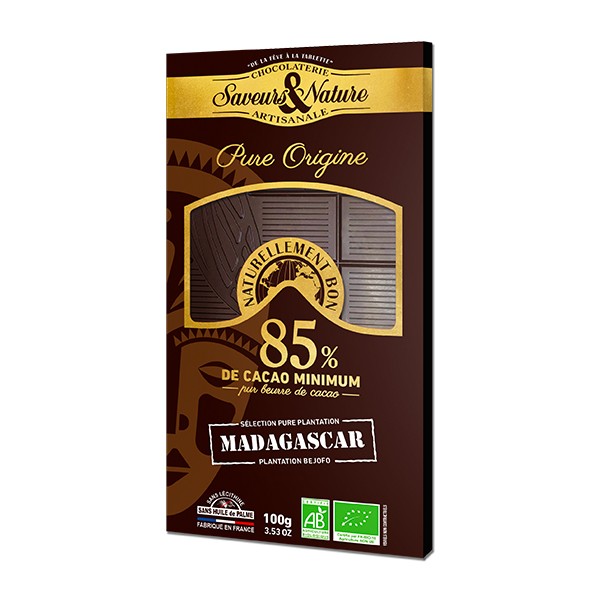 Tablette de chocolat noir 85% de cacao pure origine Madagascar bio 100g Saveurs & Nature