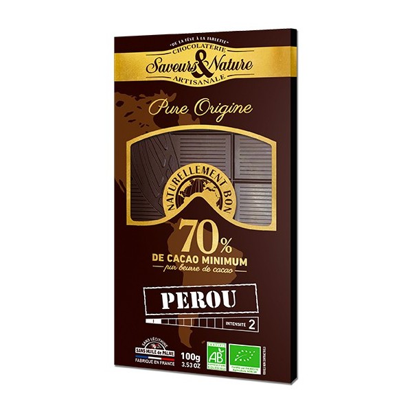 Tablette de chocolat noir 70% de cacao pure origine Pérou bio 100g Saveurs & Nature