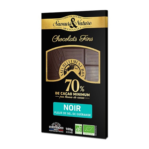 Tablette de chocolat noir 70% de cacao à la fleur de sel de guérande bio 100g Saveurs & Nature