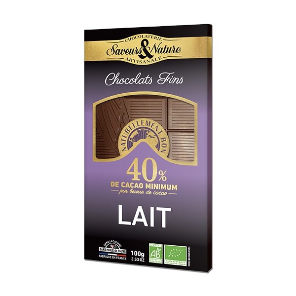 Tablette de chocolat au lait 40% de cacao bio 100g Saveurs & Nature