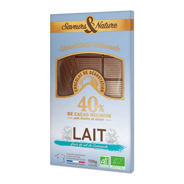 Tablette de chocolat au lait 40% à la fleur de sel de Guérande bio 100g Saveurs & Nature