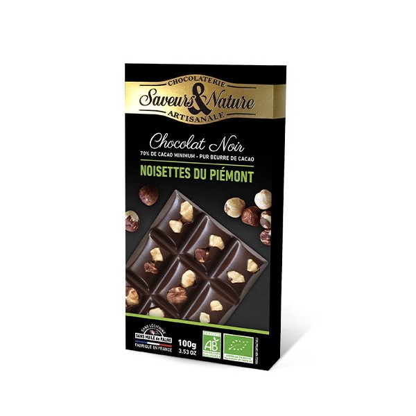 Tablette de chocolat Noir 70% de cacao Noisettes du Piémont 100g Saveurs & Nature