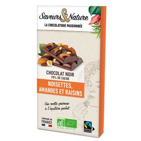 Tablette de chocolat Noir 70% de cacao incrustée Amandes-Noisettes-Raisins 100g Saveurs & Nature